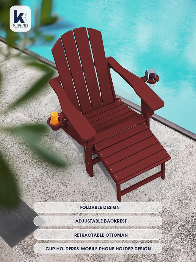 KINGYES Folding Adjustable Adirondack Chair with Ottoman & 2 Cup Holders, HDEP Multifunctional Adirondack Chair with Footrest, Red