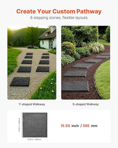VEVOR Garden Stepping Stones, 8Pcs 15.5 x 15.5 in, Decorative Stepping Stones with Stakes, Weather-Resistant Plastic Pathway Pavers, Smooth Surface, Outdoor Walkway for Lawn Patio Landscape, Grey