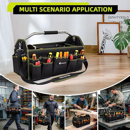 20in Foldable Open Top Tool Bags For Men Heavy Duty, Tool Carrier hard With Handle, Wide Mouth Electrician Tool Tote, Many Pockets Can Hold Many Tool, Green