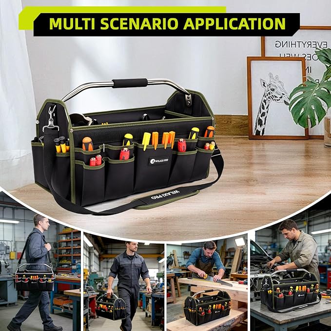 22in Tool Bags For Men Heavy Duty, 33 PCS Pockets Tool Bag Organizer Foldable Open Top Tool Bag With Handle, Wide Mouth Electrician Tool Tote, Green