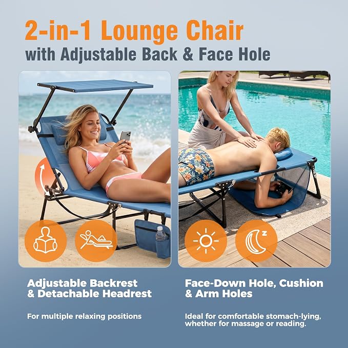 Tanning Chair with Face Hole & Canopy, 28'' Extra Wide, Blue | Folding Chaise Lounge Chair with 4-Position Adjustable Backrest for Beach, Pool, Patio & Camping
