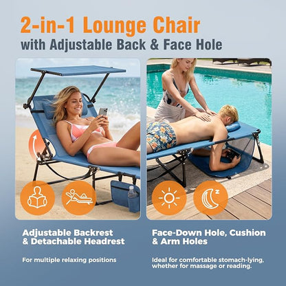 Tanning Chair with Face Hole & Canopy, 28'' Extra Wide, Blue | Folding Chaise Lounge Chair with 4-Position Adjustable Backrest for Beach, Pool, Patio & Camping