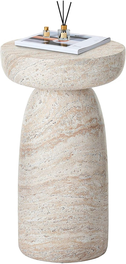 Side Table, 24''H Faux Travertine Look Accent Coffee Table, Durable Lightweight Patio Decorative Modern End Table, Weatherproof Indoor Outdoor Garden Stool for Living Room Balcony
