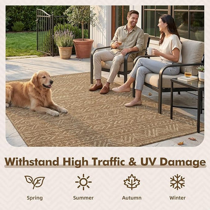 MontVoo-Outdoor Rug-Patio Rug 4x6 Polypropylene Indoor Outdoor Rugs Outdoor Carpet for Patio Deck Balcony Porch, Textured Weave, Durable for High Traffic, Fade-Resistant, Boho Farmhouse Neutral Brown