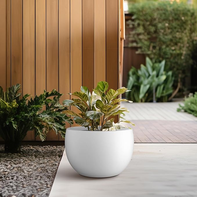Kante 11.8" Dia Round Concrete Planter, Outdoor/Indoor Large Bowl Plant Pots with Drainage Hole and Rubber Plug for Garden Patio Balcony Home, Pure White