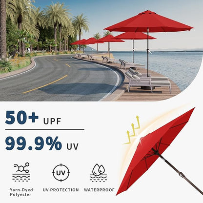 10FT Patio Umbrella Outdoor Market Umbrella with Crank and Tilt, 8 Flexible Fiberglass Ribs, UV-Resistant Waterproof Canopy for Patio, Deck, Garden, Backyard, Red