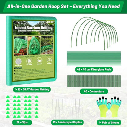 Cludoo Garden Mesh Netting Kit,7 Sets Wide Garden Hoops with 10x30 ft Garden Covers Bird Netting& 12 Clips, Garden Protection for Raised Beds Greenhouse Vegetable Plants Flowers Green