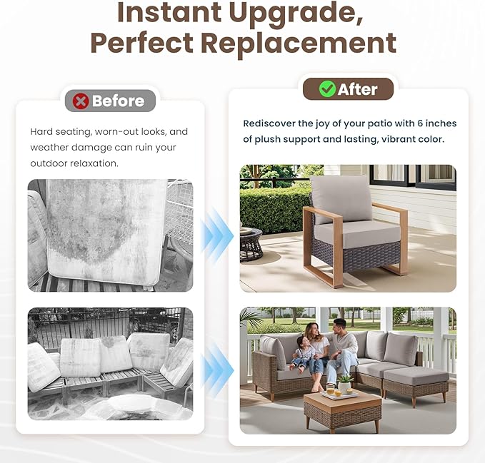 Outdoor Chair Cushions, 6 Inch Thick Patio Seat & Back Cushions Set with Removable Cover, Waterproof Patio Cushions for Outdoor Furniture, 22 x 24 Inch, Beige 2-Set
