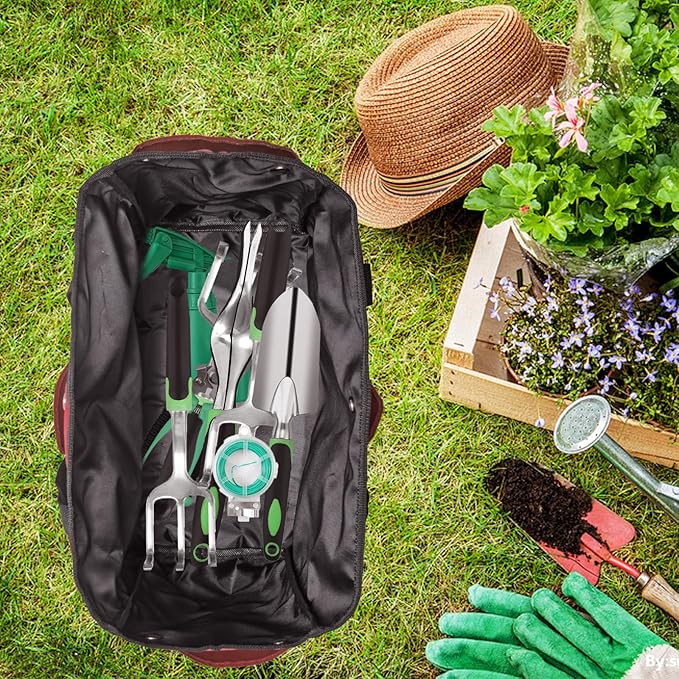 Garden Tool Bag with Interior Exterior Side Pockets, Gardening Tote Bag for Garden Plant Tool Set Store Content Bag, 8 Storage Pockets (Red)
