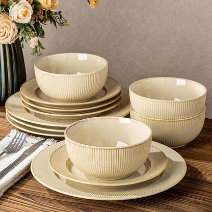 TheTerra Ceramic Dinnerware Set for 4, 12-Piece Plates and Bowls Set | Lightweight Porcelain Dish Set, Scratch Resistant, Oven & Microwave & Dishwasher Safe, Cream Latte