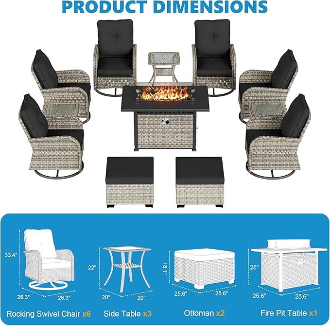 12-Piece Small Patio Furniture Set, Outdoor Swivel Rocking Chairs Set with 55,000 BTU Fire Pit Table Wicker Chairs and Ottomans, Patio Bistro Set for Balcony, Deck, Porch, Black