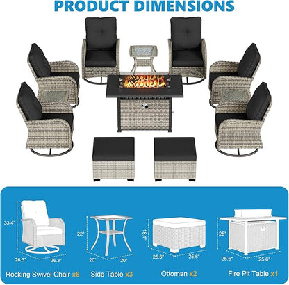 12-Piece Small Patio Furniture Set, Outdoor Swivel Rocking Chairs Set with 55,000 BTU Fire Pit Table Wicker Chairs and Ottomans, Patio Bistro Set for Balcony, Deck, Porch, Black