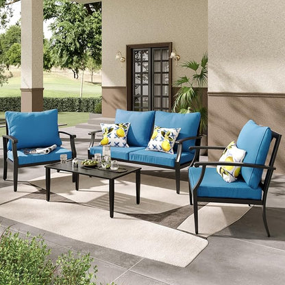 4 Pieces Patio Furniture Set w/loveseat,Coffe Table,Outdoor Conversation Metal Sofa with High Back and Thick Cushion,for Backyard,Garden,Peacock Blue