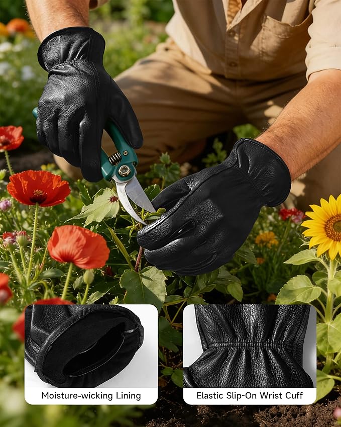 OZERO Leather Garden Gloves: Soft Breathable Mens Deerskin Gloves for Driving, Motorcycle, Horse Riding - Flexible Grip for Working Gardening Yardwork Ranch Farming Hunting for Men & Women (Black,S)