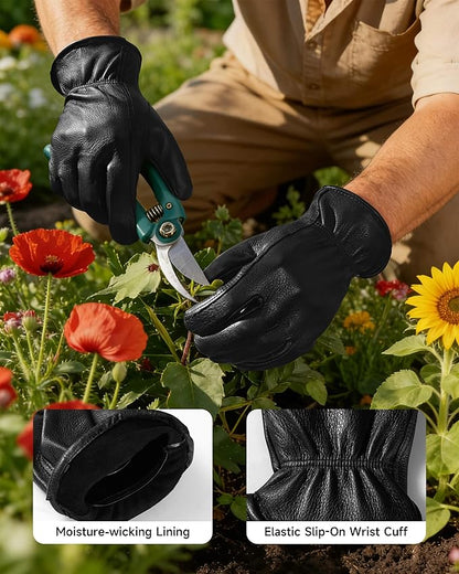 OZERO Leather Garden Gloves: Soft Breathable Mens Deerskin Gloves for Driving, Motorcycle, Horse Riding - Flexible Grip for Working Gardening Yardwork Ranch Farming Hunting for Men & Women (Black,S)
