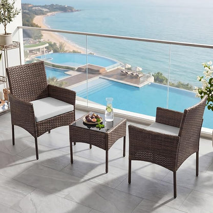 Sweetcrispy 3 Piece Patio Furniture Set, All-Weather Outdoor Conversation with Removable Cushions & Tempered Glass Table, Small Wicker Bistro Set for Balcony, Porch, Backyard, Deck, Brown