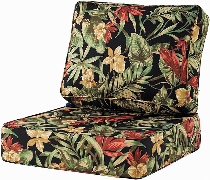 ARTPLAN 24x24 Deep Seat Patio Cushions for Outdoor Furniture,Extra 6 inch Thick,Back 18"x24",Removable,Replacement,Polyester Floral Pattern,Outdoor/Indoor,Black Flowers