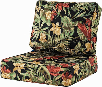 ARTPLAN 24x24 Deep Seat Patio Cushions for Outdoor Furniture,Extra 6 inch Thick,Back 18"x24",Removable,Replacement,Polyester Floral Pattern,Outdoor/Indoor,Black Flowers