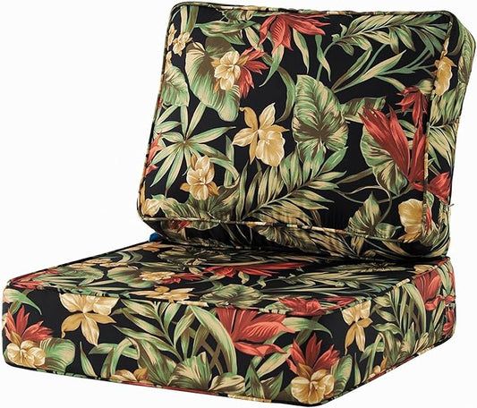 ARTPLAN 24x24 Deep Seat Patio Cushions for Outdoor Furniture,Extra 6 inch Thick,Back 18"x24",Removable,Replacement,Polyester Floral Pattern,Outdoor/Indoor,Black Flowers