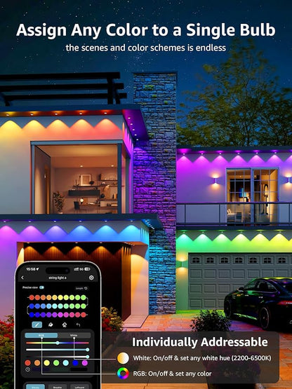 Lepro E1 AI Permanent Outdoor Lights APP Control, 150ft 90 LED Smart RGB+IC+Warm/Cool White House Eave Lights for Halloween Christmas, Alexa Google Enabled 2.4 GHz WiFi/Bluetooth, NO Remote Controller