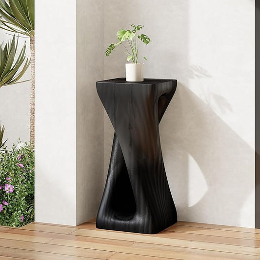 Christopher Knight Home Novi 26.8" H Lightweight Concrete Outdoor Side Table, Hollow Twist-Shaped Patio End Table, MGO Outdoor Coffee Table, Garden Plant Stand Indoor, Wood-Like Texture, Black