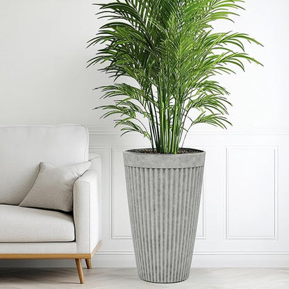 20" Resin Planters for Plants Tall Large Flower Pots Set of 2 Heavy-Duty Garden Pot Handmade Fluted Texture Weather-Resistant for Year Round Indoor Outdoor use, Vintage Gray