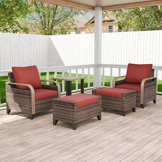 Modern Wicker Bistro Table and Chairs Set, Rattan Outdoor Bistro Set with Patio Chairs, Ottomans & Table, 5 Pieces, Brown/Red