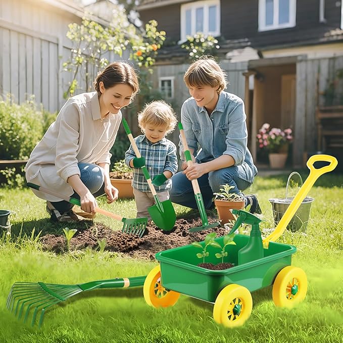 Duckura Kids Gardening Tools Set - 7pcs Wheelbarrow Set Outdoor Toy for Kids with Shovel, Rake, Leaf Rake, Yard Digging Weed Toys, Easter Birthday Gifts for Boys Girls Age 2 3+Years Old(Yellow)