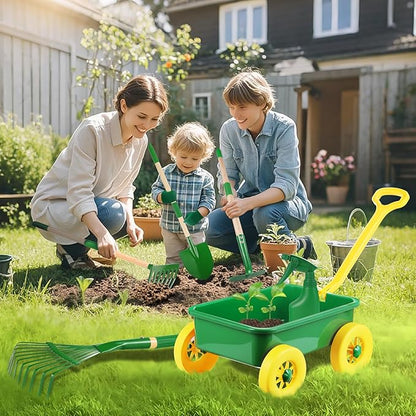 Duckura Kids Gardening Tools Set - 7pcs Wheelbarrow Set Outdoor Toy for Kids with Shovel, Rake, Leaf Rake, Yard Digging Weed Toys, Easter Birthday Gifts for Boys Girls Age 2 3+Years Old(Yellow)