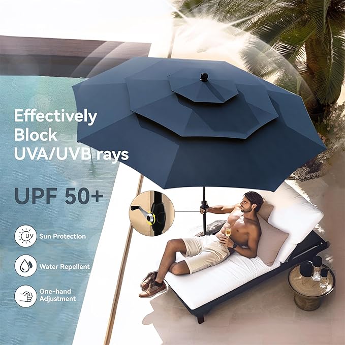 PHI VILLA 10ft Outdoor Patio Umbrellas for Outside, 3 Tier Vented Market Table Umbrella Windproof for Backyard, Deck, Garden, 1.5" Pole, Dark Blue（No Base）