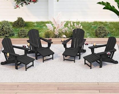 KINGYES Folding Adjustable Adirondack Chair with Ottoman & 2 Cup Holders Set of 4, HDEP Multifunctional Adirondack Chair with Footrest, Black