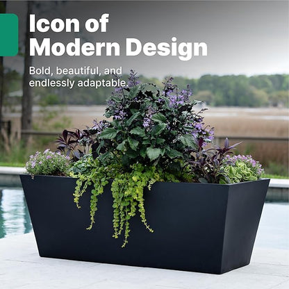 Step2 Tremont Trough Planter, Large Planters for Outdoor Plants, Gardening and Flower Pot for Patio or Porch, Efficient Drainage, Durable Plastic, Black, 2-Pack