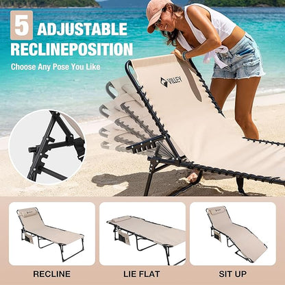 VILLEY Oversized Chaise Lounge Chair with Face Hole, Portable Tanning Chair, Adjustable Reclining Beach Chair, Outdoor Heavy-Duty Folding Sunbathing Chair for Outside Patio Lawn Beach Pool