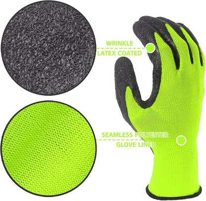 Evridwear Crinkle Latex Rubber Hand Coated Safety Work Gloves for Men Women General Multi Use Construction Warehouse Gardening Assembly Landscaping (Medium,Green 12 Pairs)