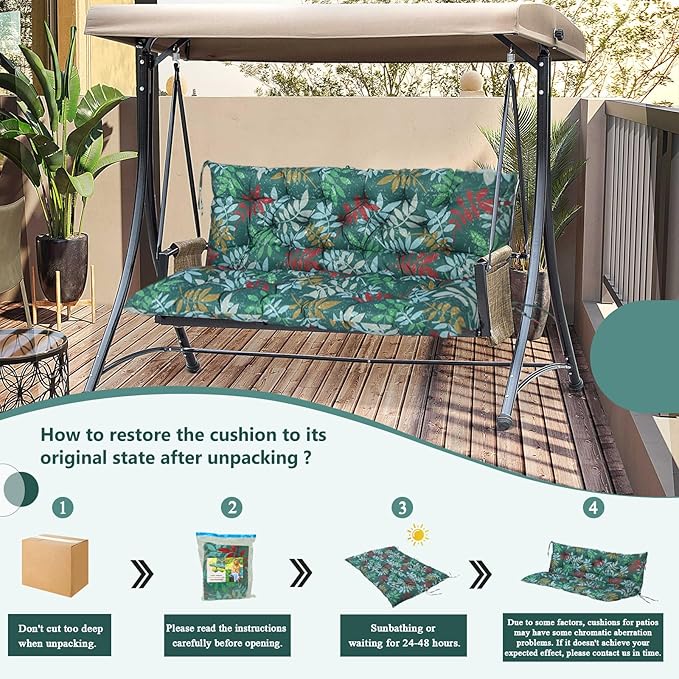 2/3 Seater Swing Replacement Cushion, Waterproof Porch Swing Cushions with Backrest, Thickened Bench Cushions for Outdoor Furniture, for Outdoor Patio Swing (Flower Color, 60 * 40 in)