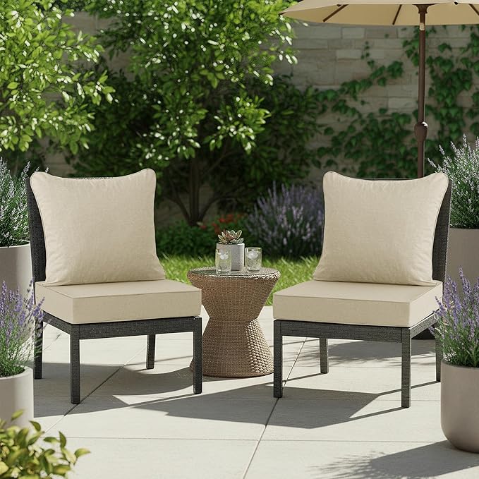Summsun Patio Chair Cushions Set of 2, Faux Linen Outdoor Furniture Cushions, Water Resistant Backrest and Deep Seat Cushion Set with Straps, Removable Cover, Non-Slip Bottom, 22 x 22 Inch, Beige