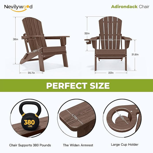 nevilywood Folding Adirondack Chair with Cup Holder Set of 4, HDPE Patio Chairs,All-Weather Outdoor Chairs for Backyard, Deck,Fire Pit-Coffee