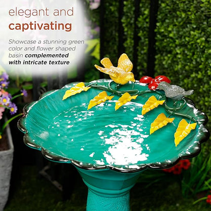 Alpine Corporation ORS112GN Vintage Metal Pedestal Birdbath with Stand, Shallow Bird Bath Bowl for Outside, 28" H, Green