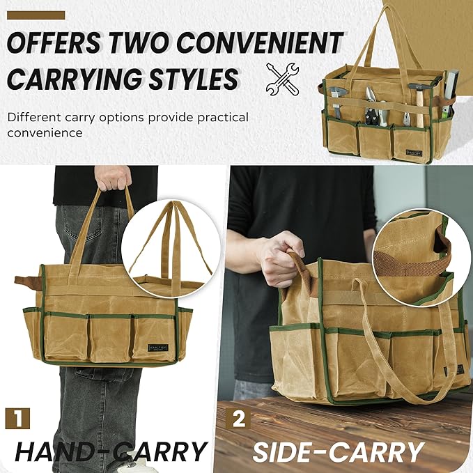Canvas Tool Bag, 16OZ Waxed Canvas Tool Tote Bag with Metal Zipper & 12-Pocket Design, Multi-Purpose Garden Tool Storage Tote for Electrician Gardener Plumber | Khaki | 14.5"L x 7.5"W x 10"H