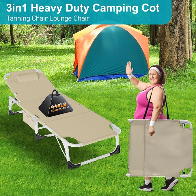 ABORON 3-in-1 Tanning Chair, 5-Position with Face and Arm Holes | 5-position reclining chair includes a removable mat, pillow, face hole and arm slots; folds flat for beach or patio use.