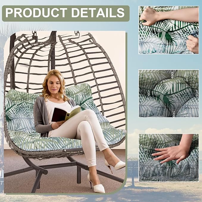 Outdoor Swing Cushions 3 Seater Waterproof, Replacement Bench Cushions for Outdoor Patio Furniture with Backrest, Porch Swing Cushion with Ties for Lawn and Garden (Bamboo Leaves, 40x40in)