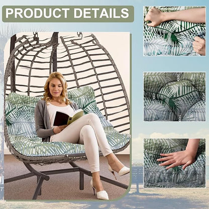 Outdoor Swing Cushions 3 Seater Waterproof, Replacement Bench Cushions for Outdoor Patio Furniture with Backrest, Porch Swing Cushion with Ties for Lawn and Garden (Bamboo Leaves, 40x40in)
