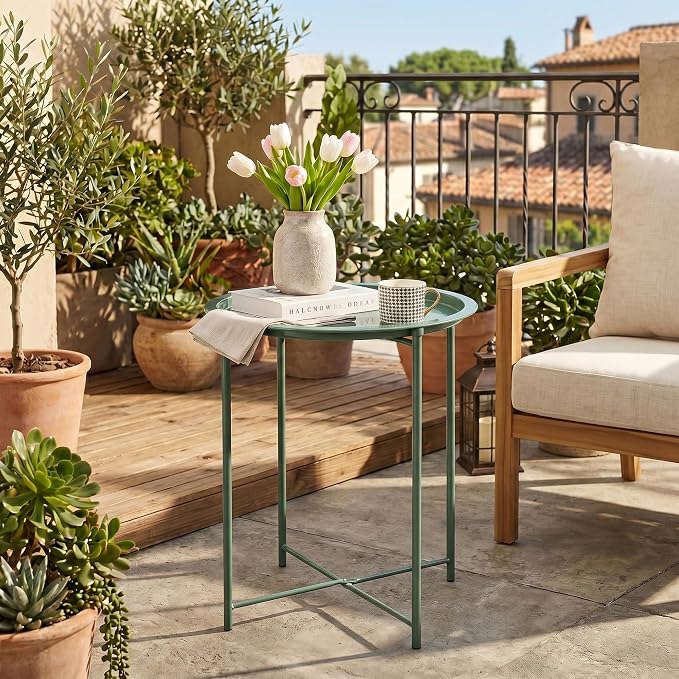 VECELO Side/End Table, Folding Round Metal Anti-Rust and Waterproof Outdoor or Indoor Tray for Living Room Bedroom Balcony and Office, 2 PCS, Dark Green