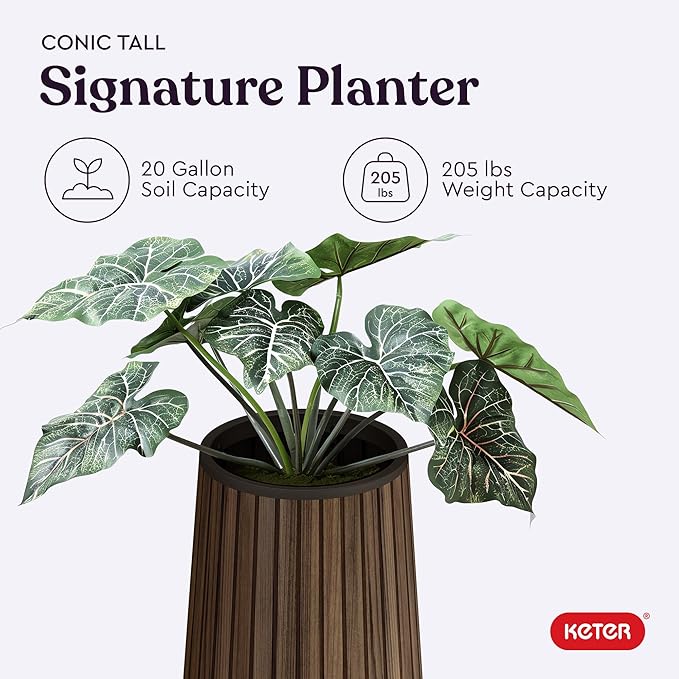 Keter Signature Conic 28.5 Inch Tall Round Large Wood Look Planter for Indoor or Outdoor Flower Pot Ideal for Patio Deck and Front Porch Decor, Rosewood