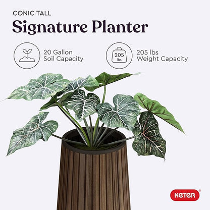 Keter Signature Conic 28.5 Inch Tall Round Large Wood Look Planter for Indoor or Outdoor Flower Pot Ideal for Patio Deck and Front Porch Decor, Rosewood