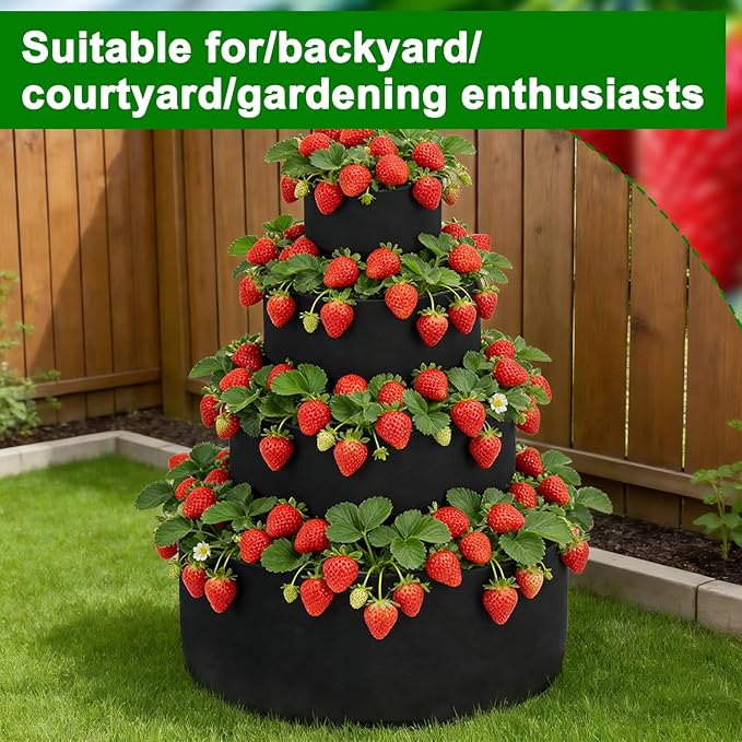 2 PCS 4 Tiered Black Fabric Strawberry Planter 36 28 20 11 inch Strawberry Tower Planter Stackable Planters Strawberry Grow Kit