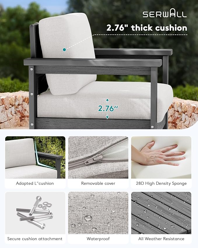 SERWALL 2 Pieces Single Cushioned Sofa Chair, Grey HDPE Outdoor Adirondack Lounge Armchair with Khaki Cushion
