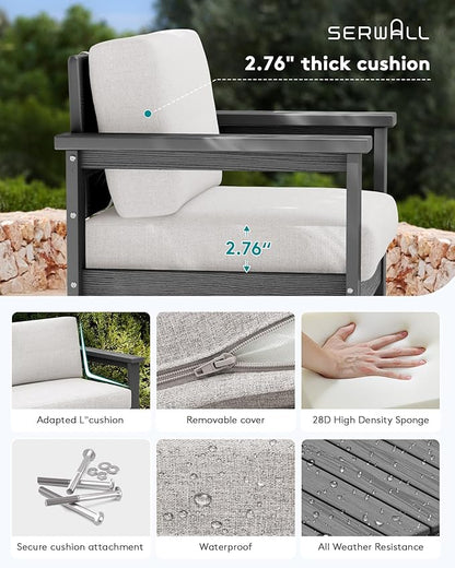 SERWALL 2 Pieces Single Cushioned Sofa Chair, Grey HDPE Outdoor Adirondack Lounge Armchair with Khaki Cushion