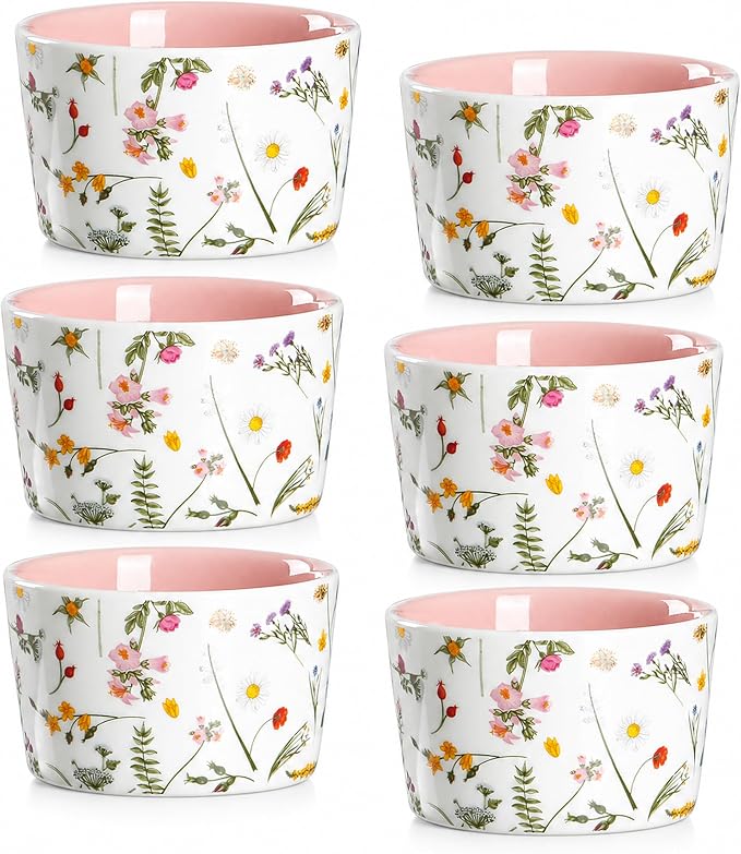 ONEMORE 6 oz Ramekins Oven Safe, Floral Ceramic Ramekin Set of 6 Pink Ramekins for Baking & Serving, Creme Brulee Dishes, Custard Pudding Souffle Cups, Small Dessert Bowls for Oven, Air Fryer