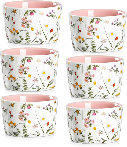 ONEMORE 6 oz Ramekins Oven Safe, Floral Ceramic Ramekin Set of 6 Pink Ramekins for Baking & Serving, Creme Brulee Dishes, Custard Pudding Souffle Cups, Small Dessert Bowls for Oven, Air Fryer